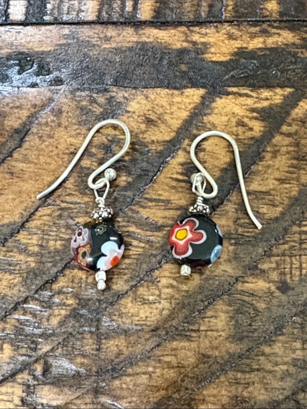 Handcrafted sBlack Floral Glass Bead with sterling silver Drop Earrings